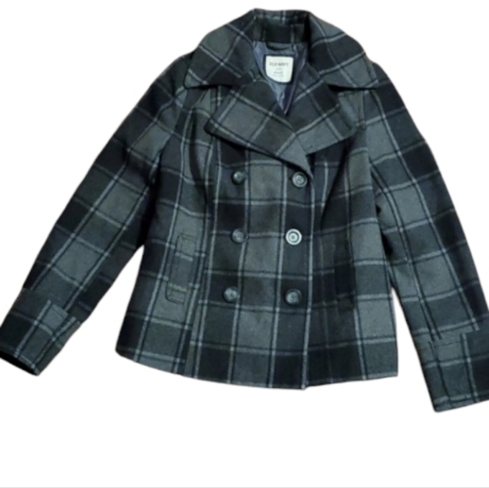 Old Navy Pea Coat Womens Size Small Wool Blend Plaid Gray Black